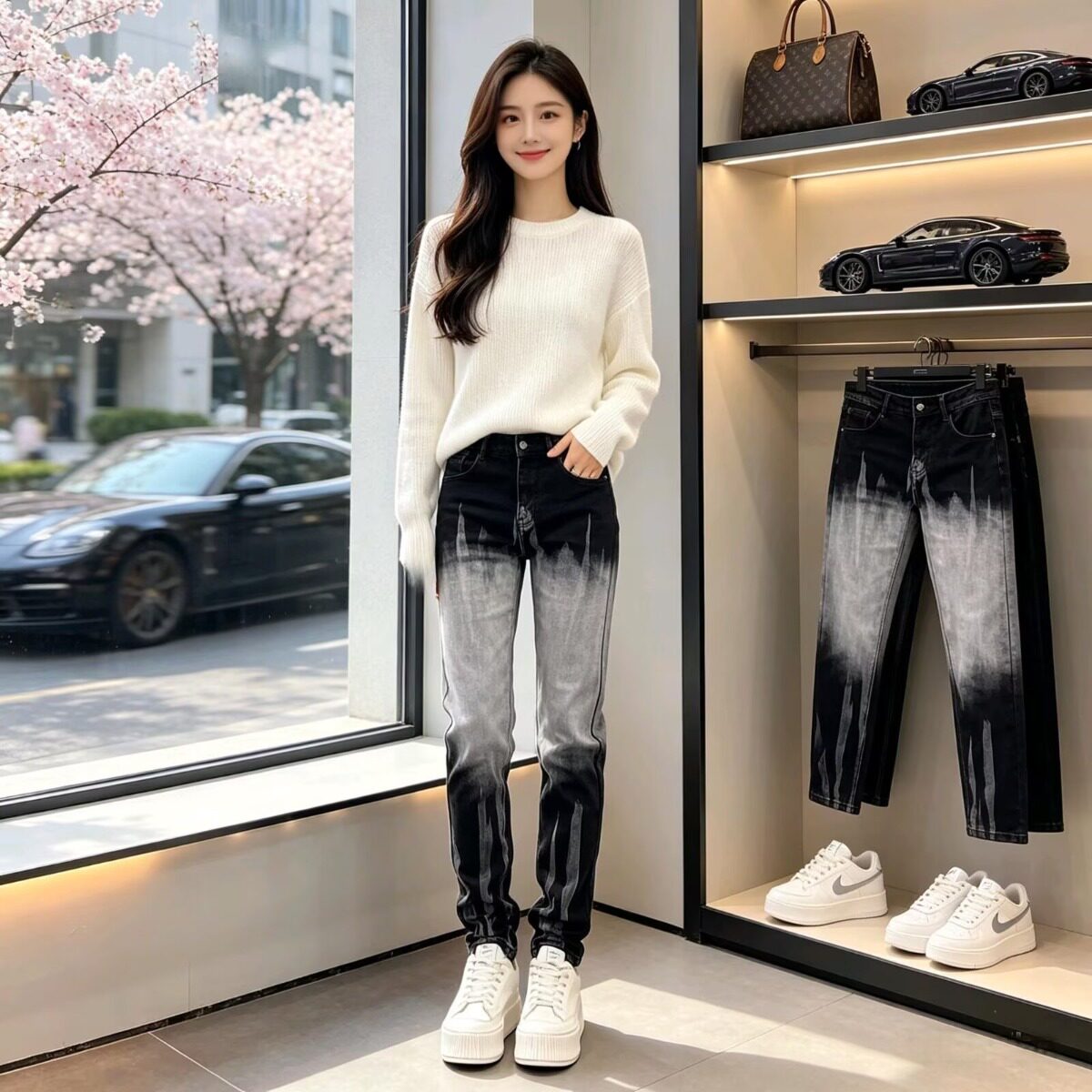 水洗做旧美式休闲直筒弹力牛仔裤男士高街机车修身显瘦长裤