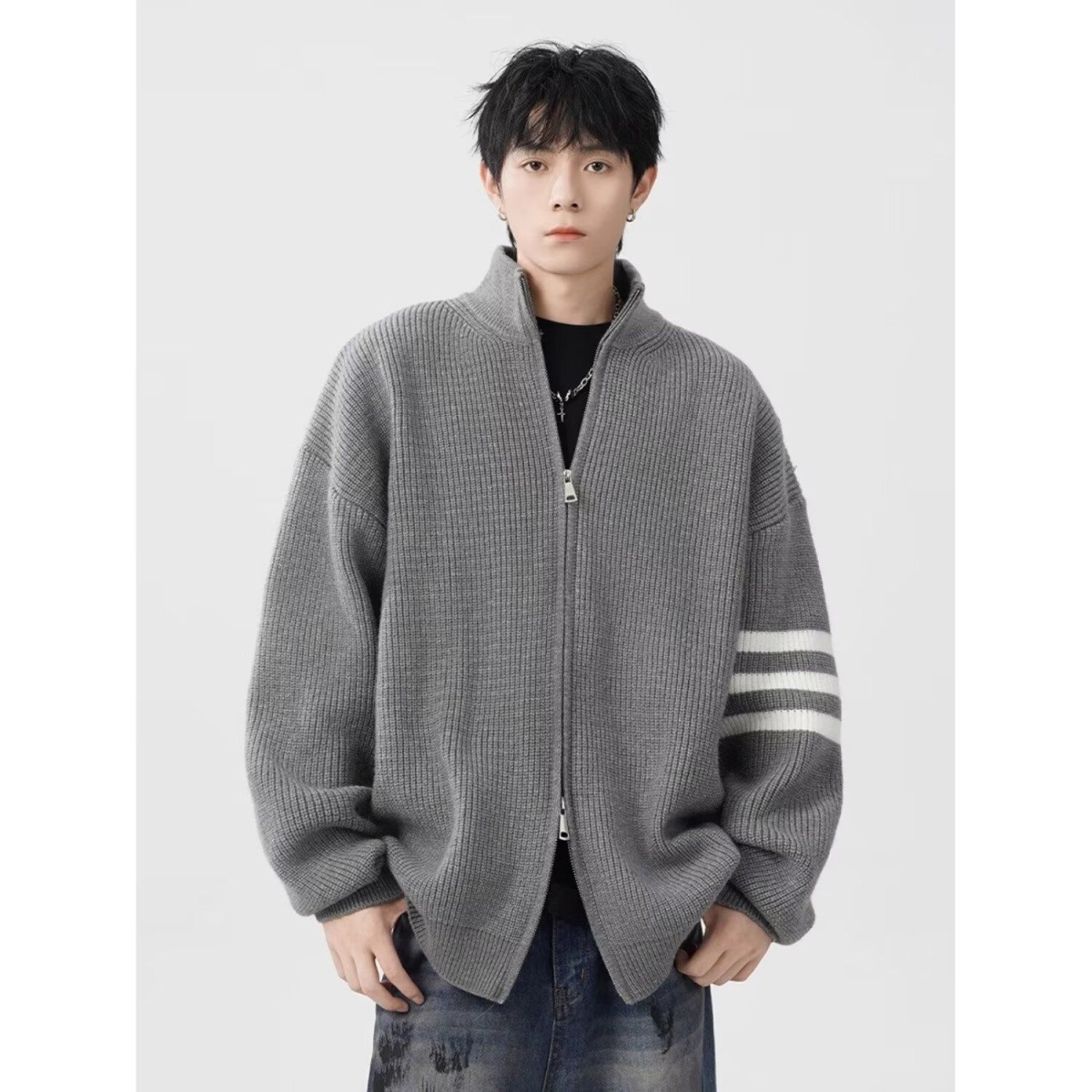 半高领毛衣开衫拉链外套男款秋冬季韩系风格穿搭宽松休闲针织线衣