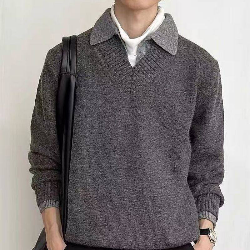 美式复古假两件v领毛衣男款冬季翻领老钱风针织衫上衣慵懒风外套