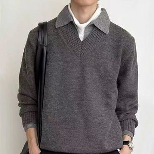 美式复古假两件v领毛衣男款冬季翻领老钱风针织衫上衣慵懒风外套