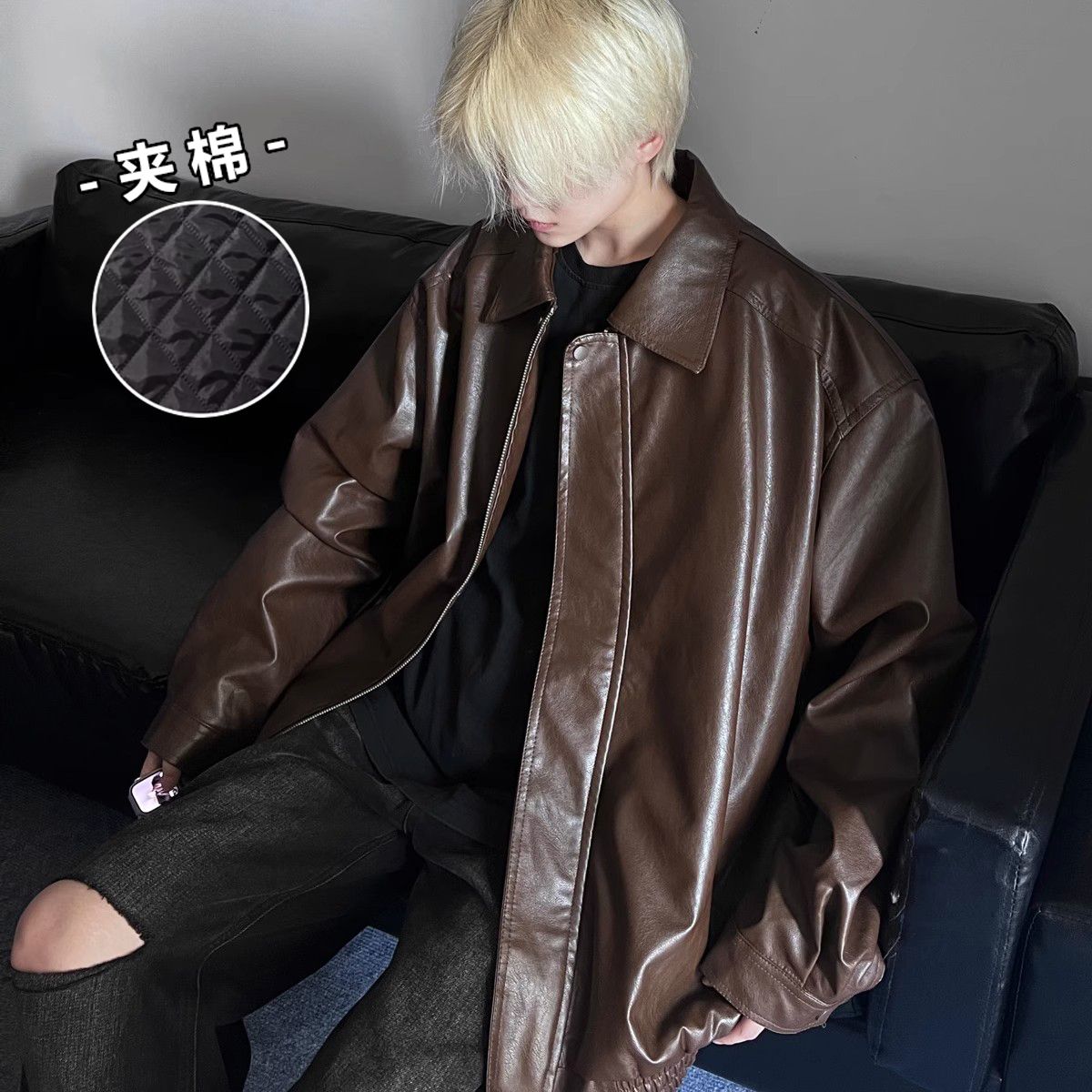 美式复古机车pu皮衣外套男女夹棉加厚痞帅百搭高级感翻领夹克上衣
