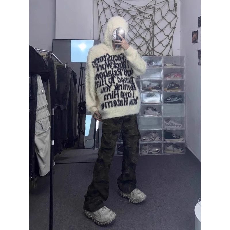 水貂绒字母提花毛衣男女秋冬保暖美式慵懒风连帽针织衫潮宽松外套