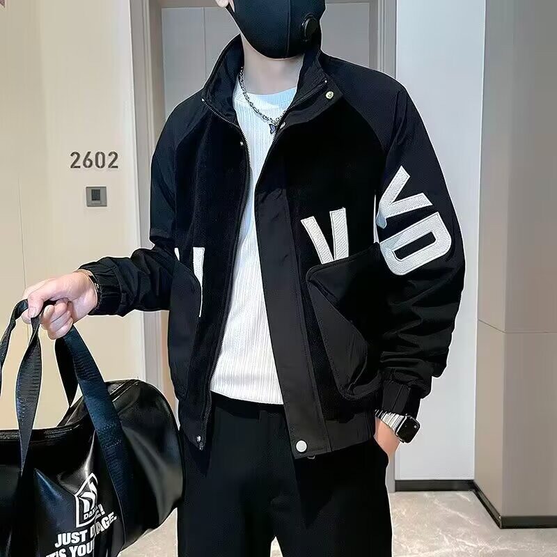 网红痞帅外套男士春秋季修身男装上衣服2026新款潮牌撞色立领夹克