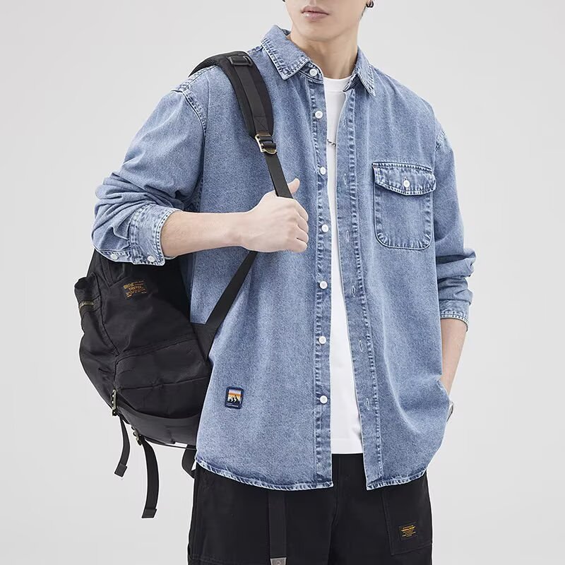 工装牛仔厚款长袖衬衫男2026春秋潮流百搭休闲经典口袋衬衣外套