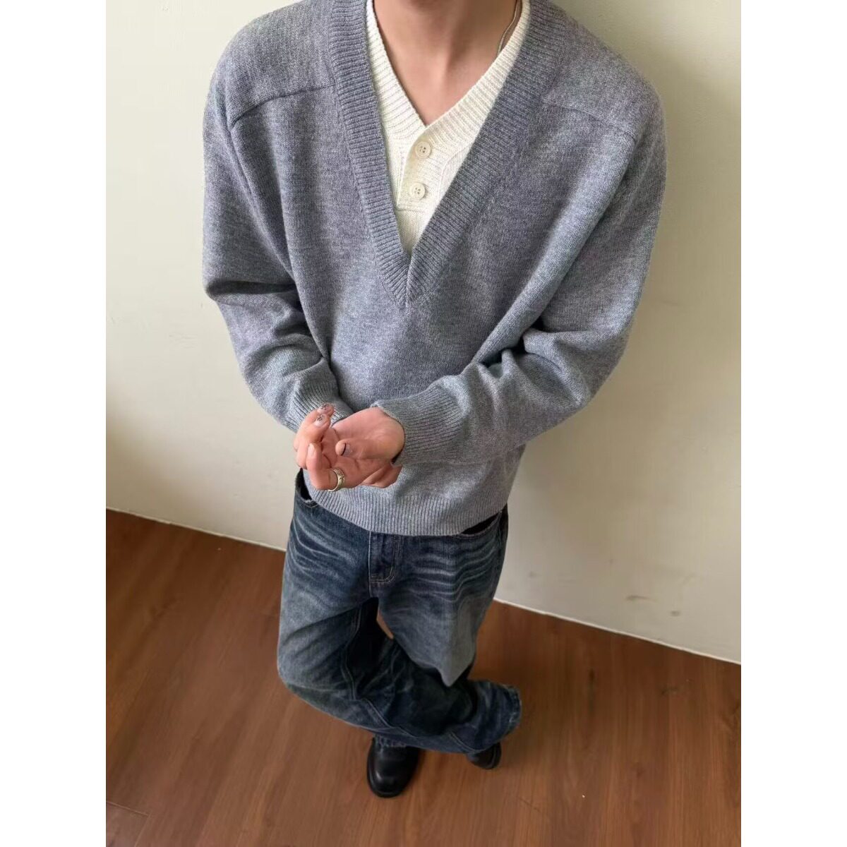 假两件V领毛衣男秋冬季老钱风美式复古宽松青少年cleanfit针织衫
