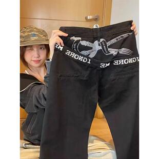 黑色微喇工装牛仔裤男款直筒宽松美式高街vibe裤子潮牌痞帅多口袋