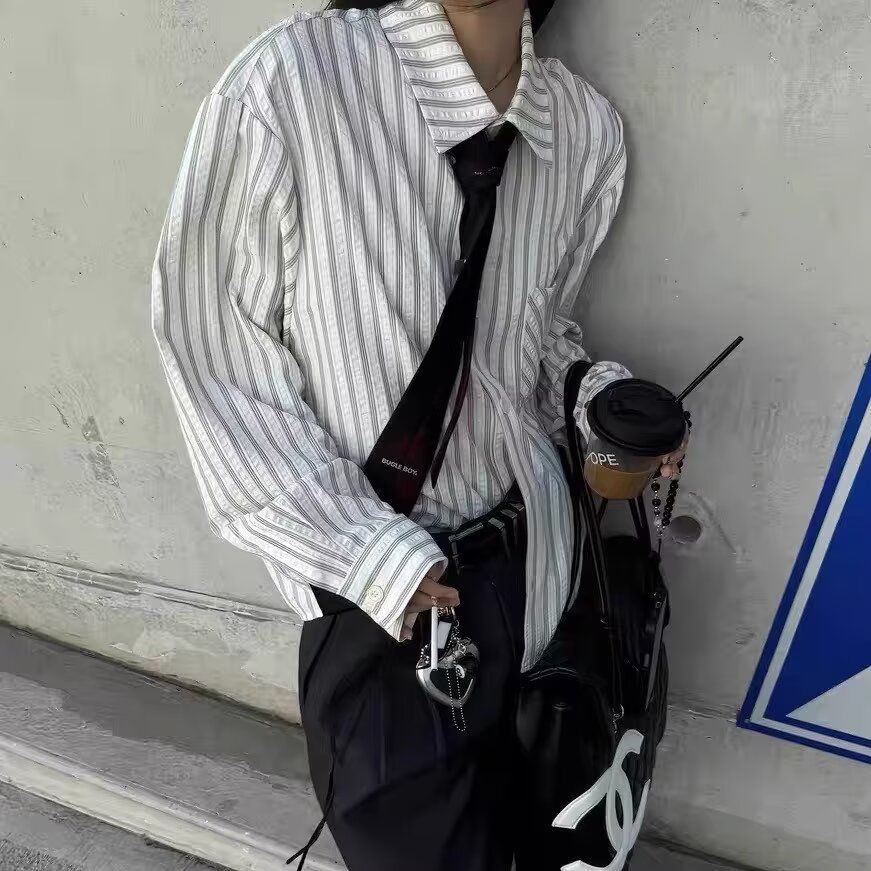 复古泡泡纱竖条纹衬衫日系肌理感宽松休闲廓形长袖衬衣外套