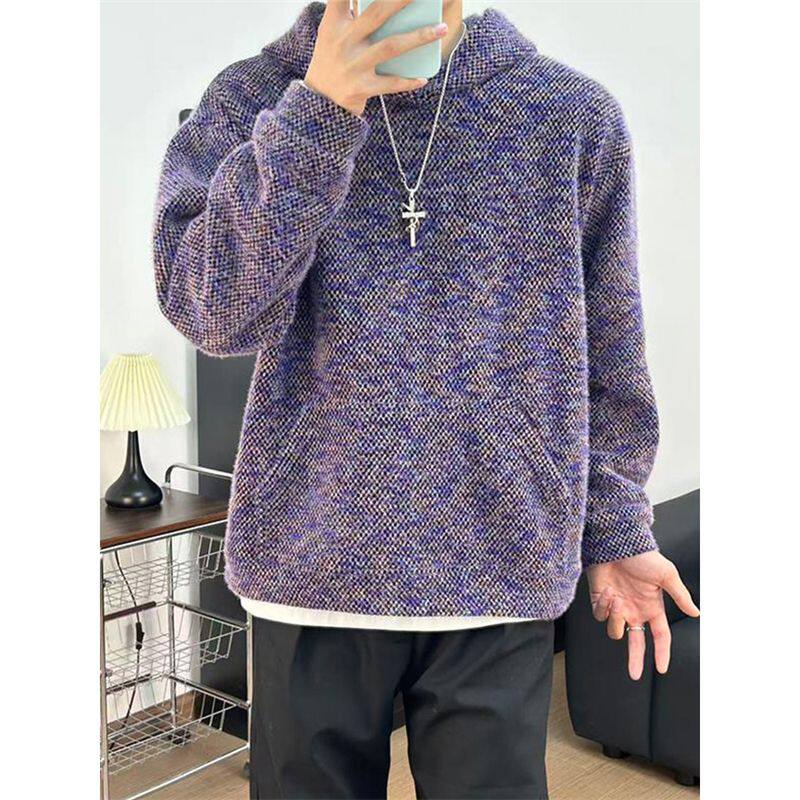 紫色美式绒面针织连帽卫衣男款秋冬潮牌重磅硬挺帽衫cleanfit外套