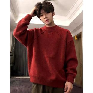 红色本命年毛衣男士2026新年加厚圆领冬季高级感马年慵懒风针织衫
