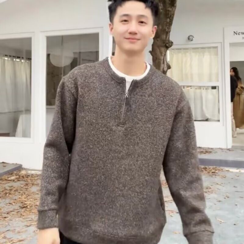 冬季老钱风毛呢半拉链假两件卫衣男士高档轻奢加绒加厚休闲打底衫