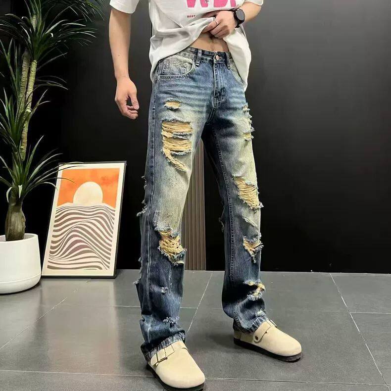 美式高街微喇破洞牛仔裤男直筒洗水做旧街头复古长裤子潮