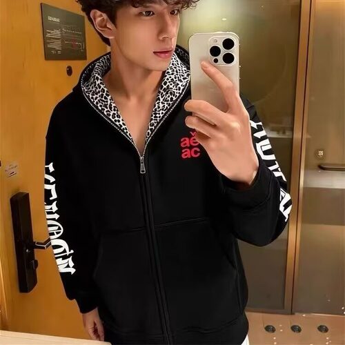 REK美式复古豹纹连帽开衫卫衣外套女2026秋季新款休闲情侣帽衫