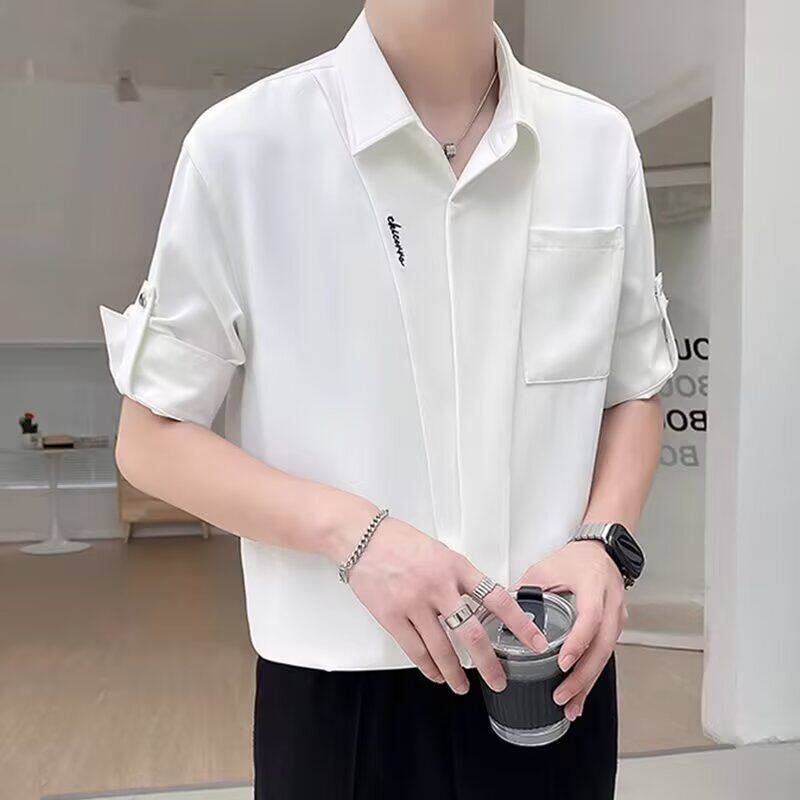 夏薄款涤棉男士短袖衬衫 大码宽松开衫 中老年爸爸装白色上衣纯色