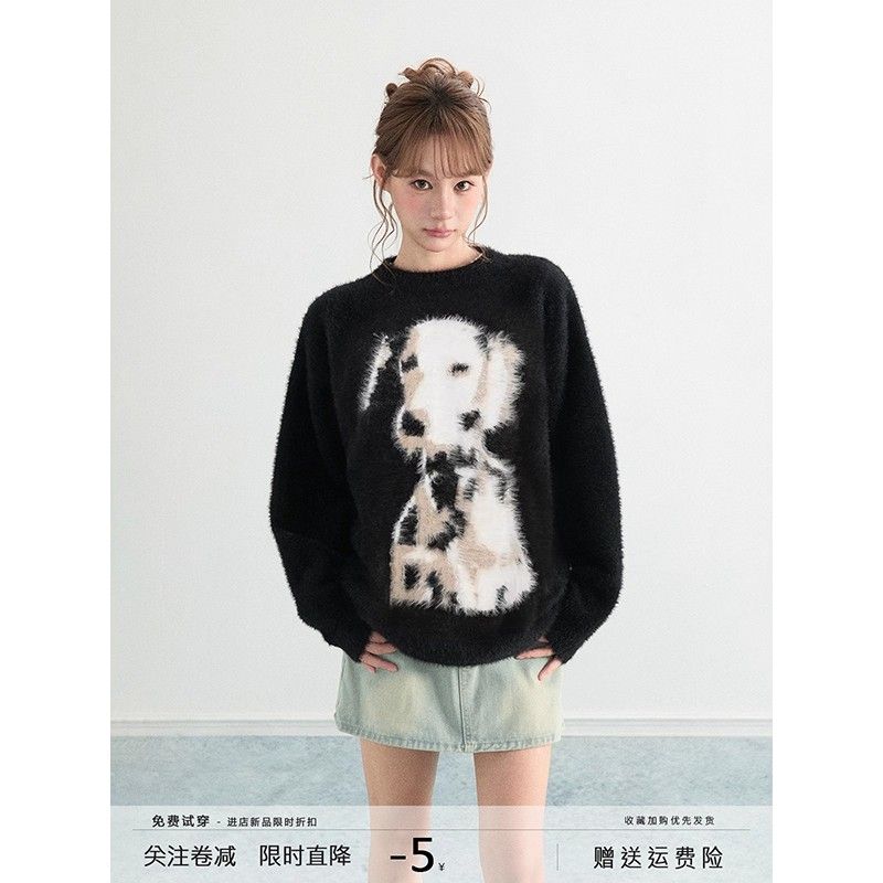 黑色斑点狗水貂绒毛衣男女冬季软糯慵懒马海毛慵懒风针织衫上衣潮