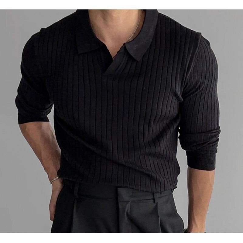 春秋韩国男装百搭纯色螺纹弹力翻领套头修身POLO针织长袖T恤衫男