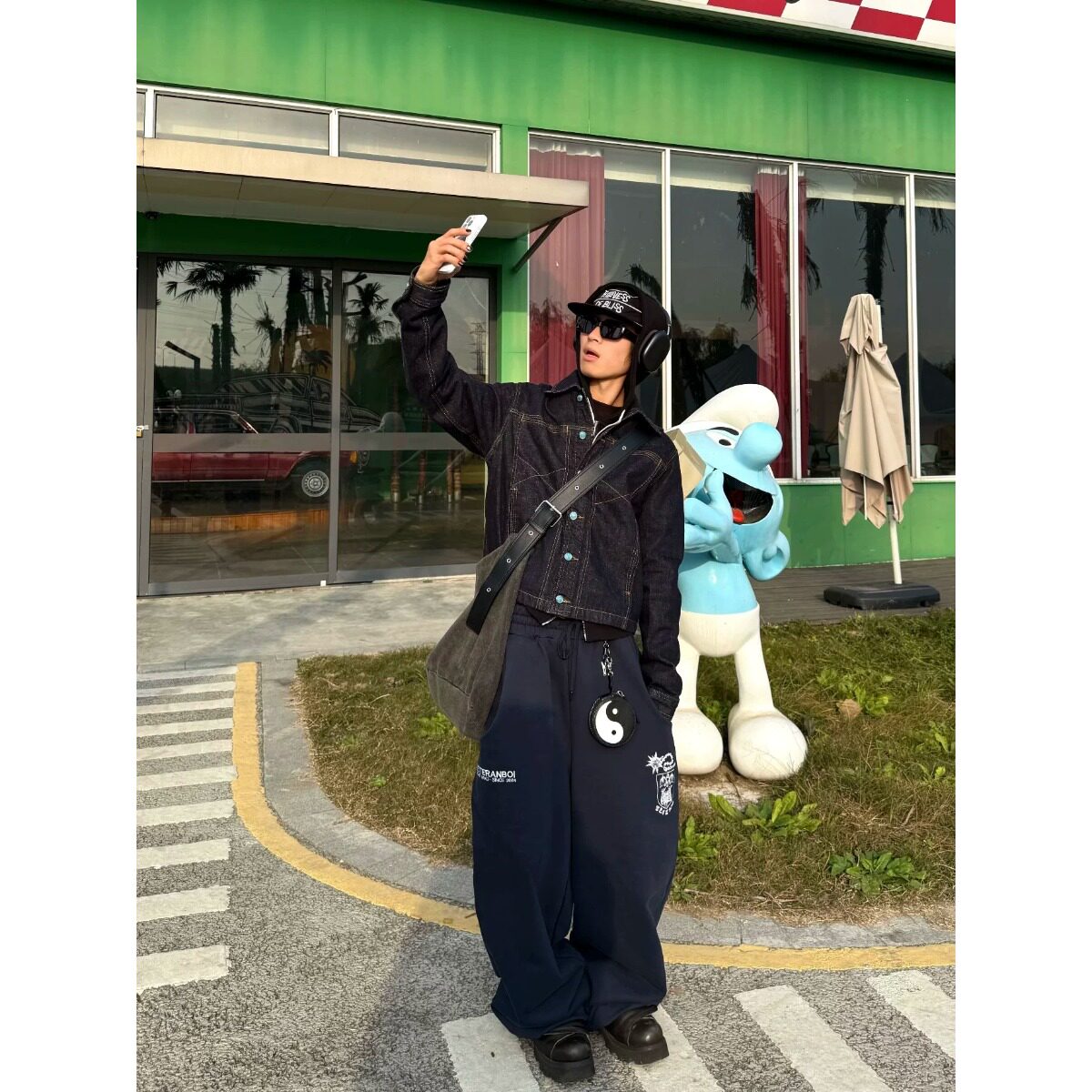 美式复古藏青色刺绣休闲阔腿长裤男女款慵懒版型宽松百搭运动棉裤
