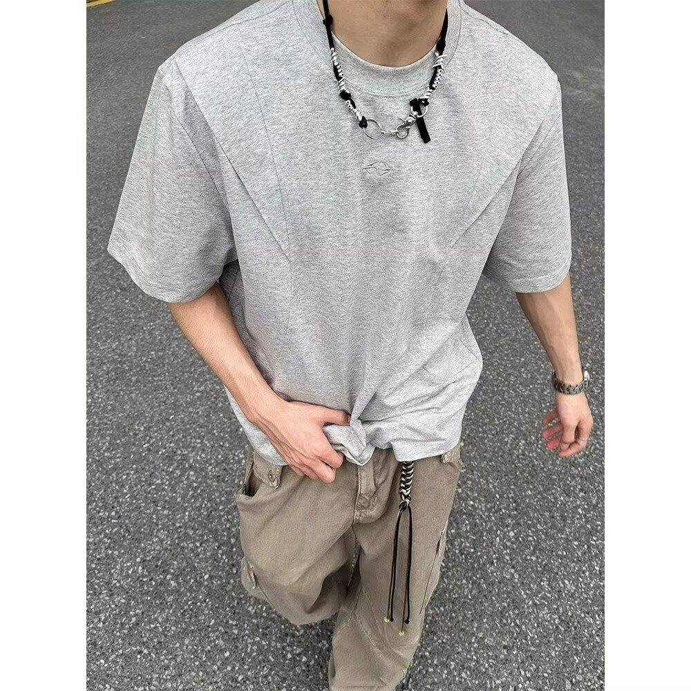 灰色修身弹力针织短袖男老钱风收腰小领口毛衣成熟稳重男装打底衫