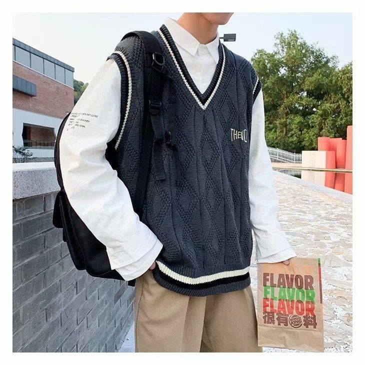 学院风ins无袖毛衣男马甲背心韩版潮流宽松V领情侣坎肩针织衫学生