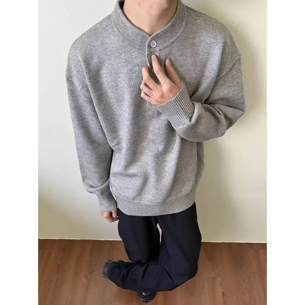 浅灰色男生毛衣秋冬款新品潮牌宽松纽扣针织衫高级感亨利领毛线衣