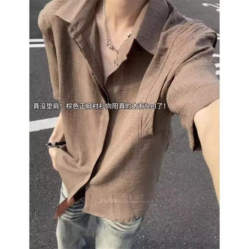 港风仿亚麻衬衣短袖男夏季薄款复古老钱风半袖衬衫外套休闲上衣