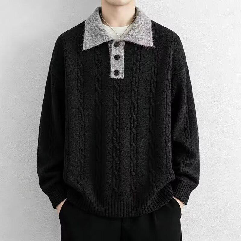 男道美式复古绞花假两件POLO领毛衣男秋冬cleanfit慵懒针织衫上衣