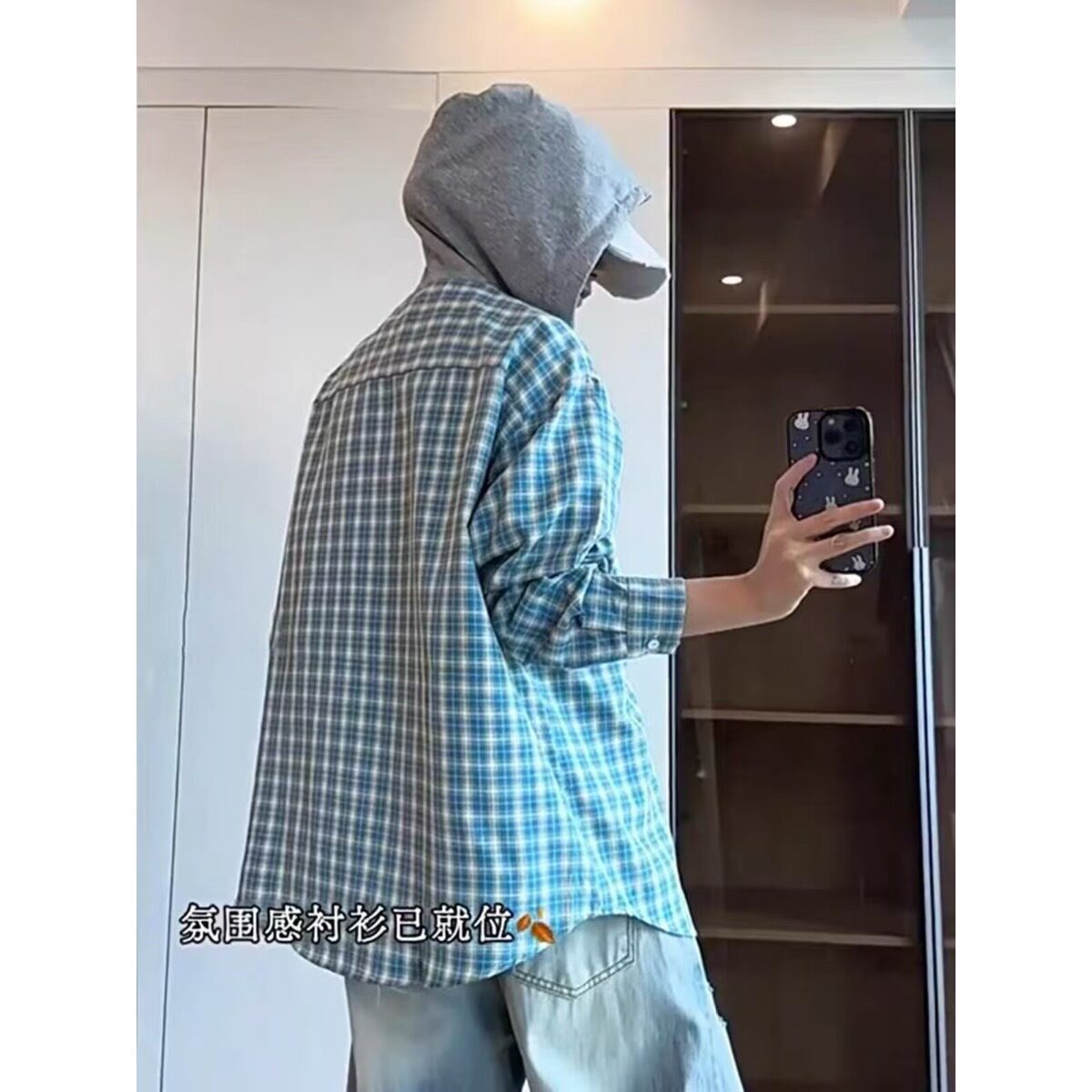 美式复古蓝白格子衬衫男款秋季外穿长袖开衫衬衣cleanfit情侣外套