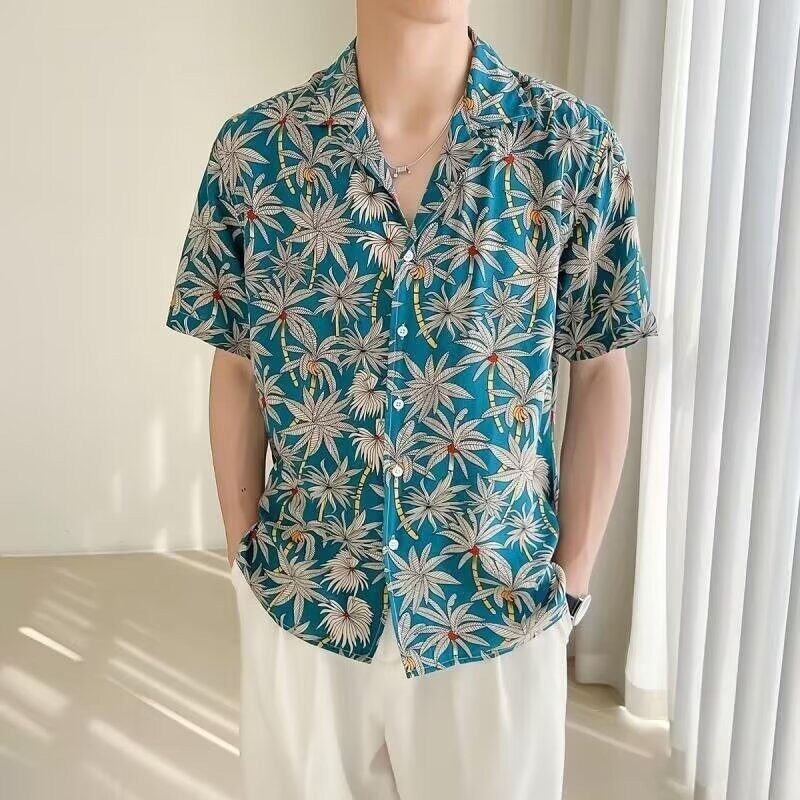 夏威夷衬衫短袖男夏季日系复古休闲原宿港风满印花五分袖衬衣开衫