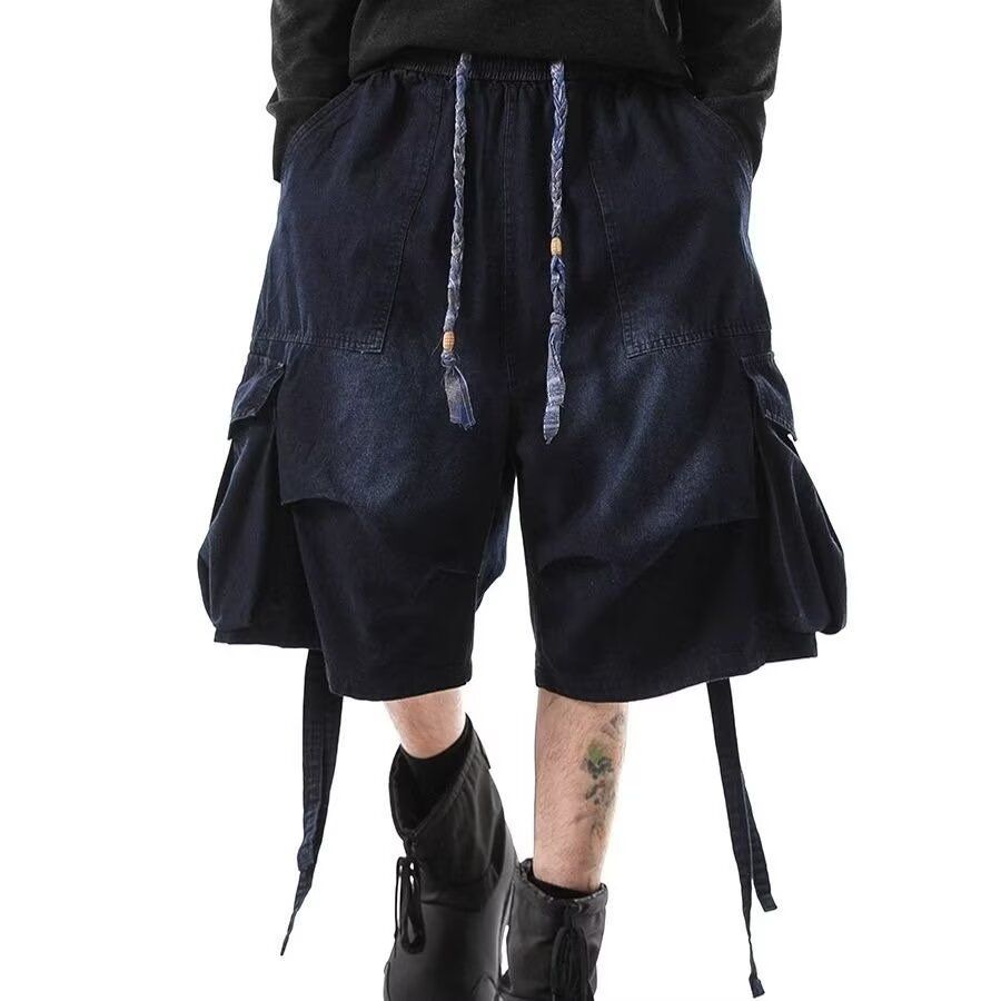 美式高街复古水洗大口袋阔腿七分牛仔裤女夏季潮牌百搭宽松短裤子