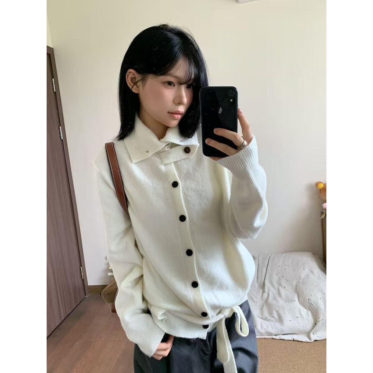高领袢带门襟针织绑带开衫毛衣中性款慵懒氛围感软糯针织衫男女款