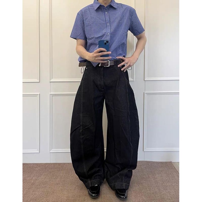 WOKJIA蓝色格纹男士宽松咖啡馆复古百搭垂感通勤叠穿四季休闲西裤