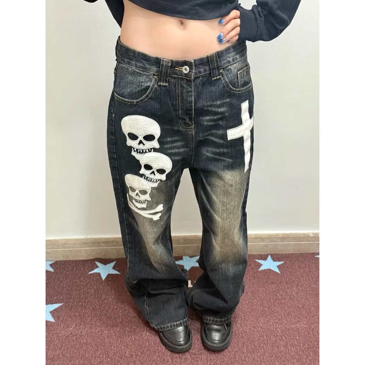 刺绣潮牌牛仔裤男欧洲站薄款烟灰色修身小脚印花长裤秋冬新款高端