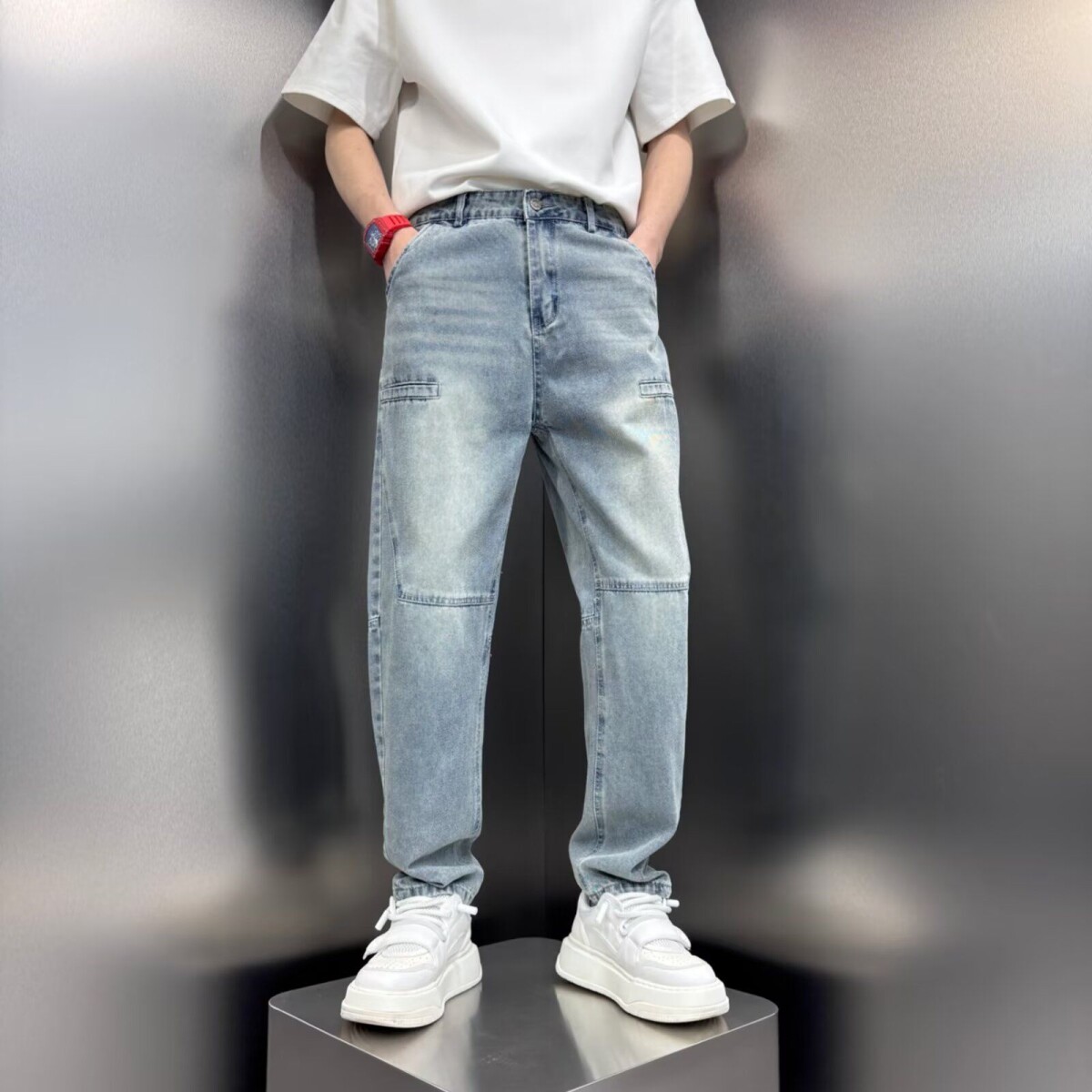 2026新款复古水洗拼接松紧腰牛仔裤男春夏季宽松直筒裤男士裤子潮