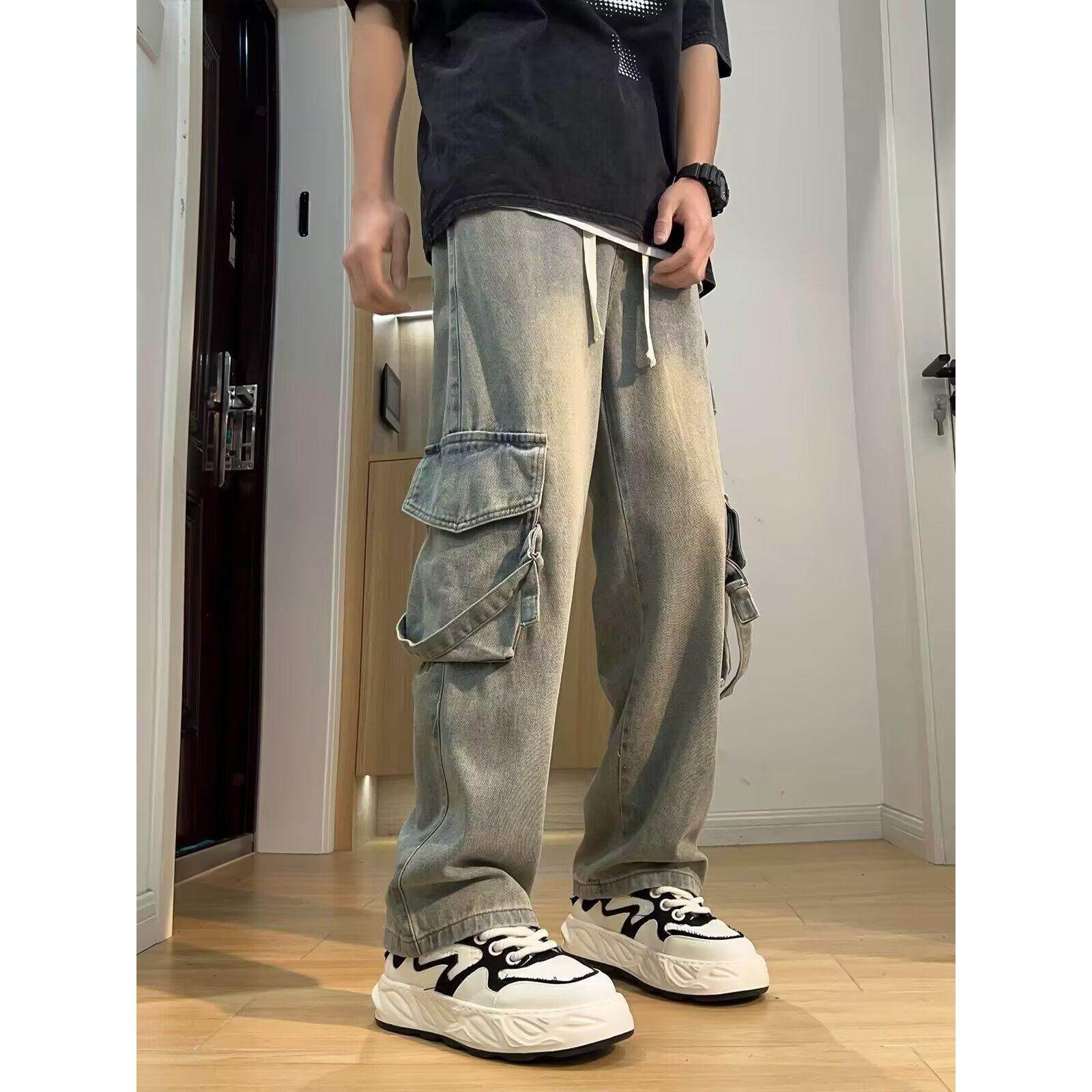 秋季美式休闲痞帅复古大口袋工装牛仔裤男直筒宽松高街阔腿裤子潮