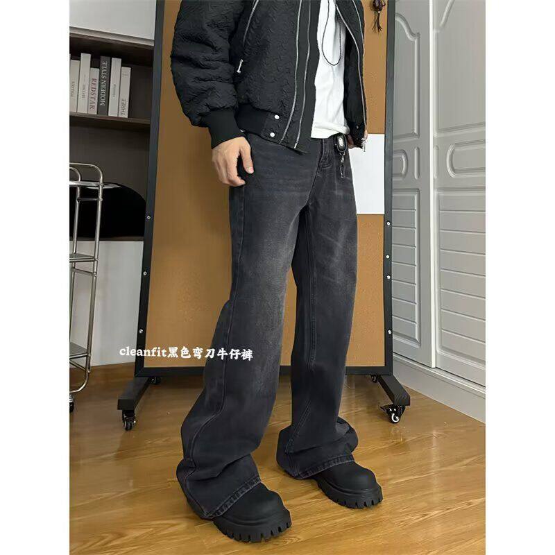 2026春秋国潮原创灰黑涂层光泽感微喇牛仔裤潮牌男女街头长裤