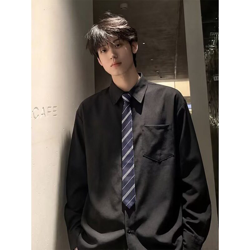 木村叔dk制服黑色长袖衬衣男生秋季学院风青少年宽松休闲百搭衬衫