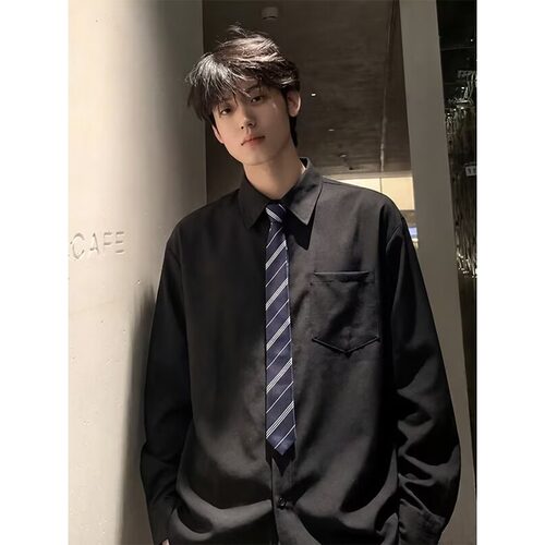 木村叔dk制服黑色长袖衬衣男生秋季学院风青少年宽松休闲百搭衬衫
