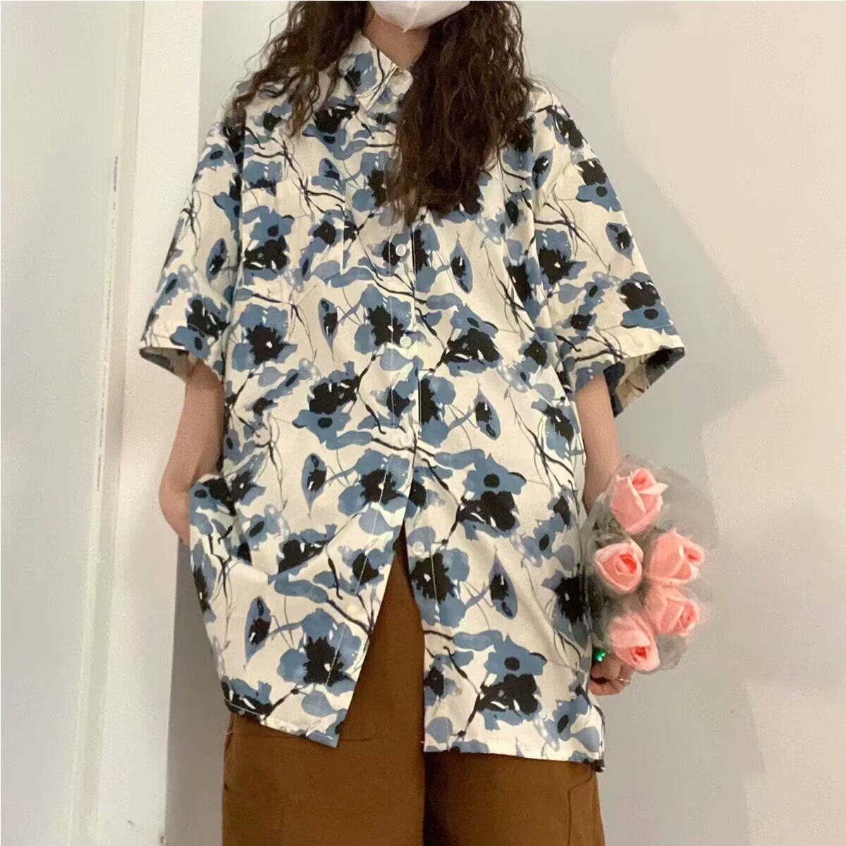 慵懒新款原宿无日系港味短袖衬衫男女碎花衬衣潮流行文艺潮流