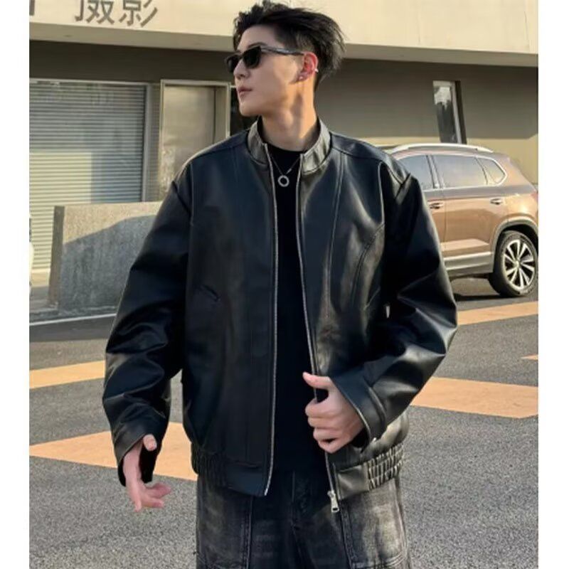 休闲复古立领修身韩版皮夹克外套男美式潮流百搭PU机车服户外皮衣