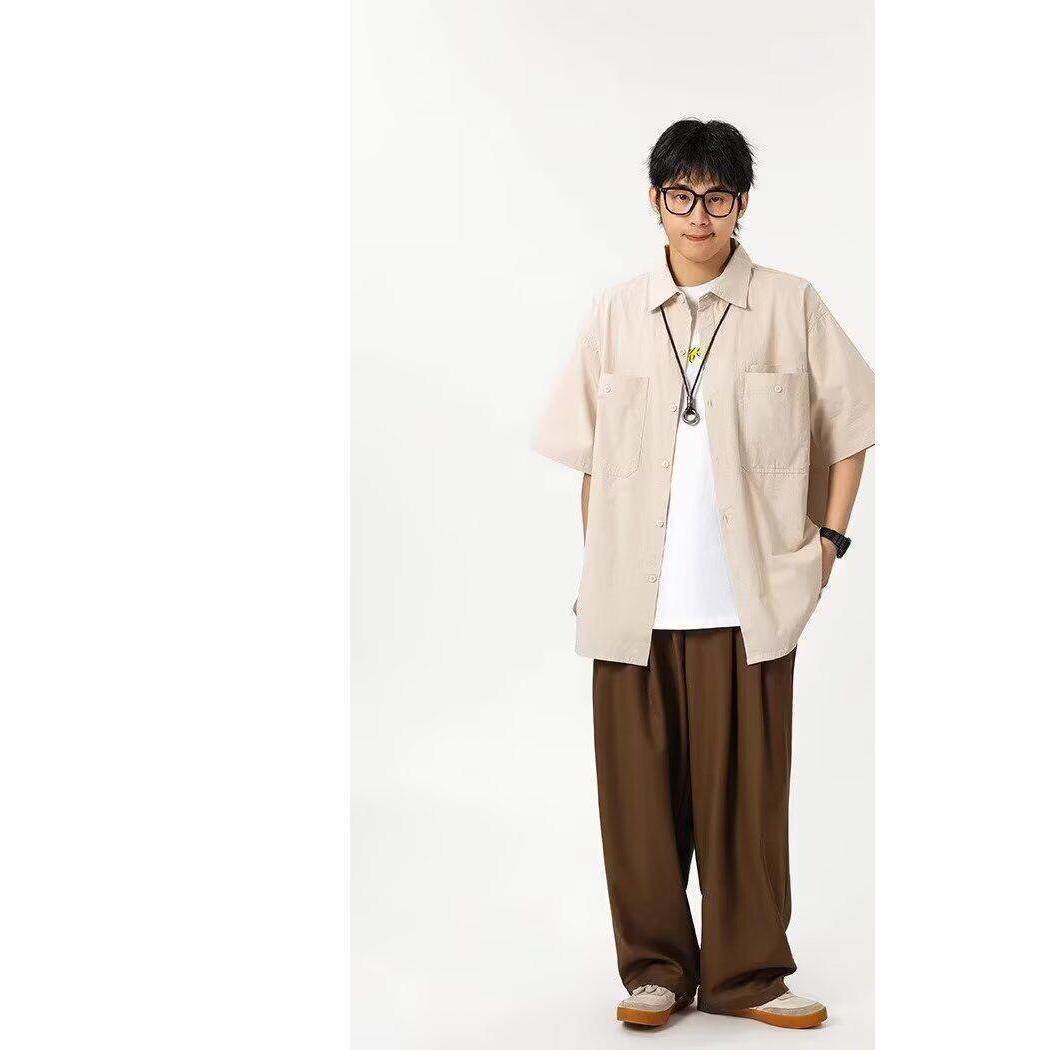 日系少年感穿搭套装复古工装短袖衬衫男夏季宽松廓形纯色休闲衬衣