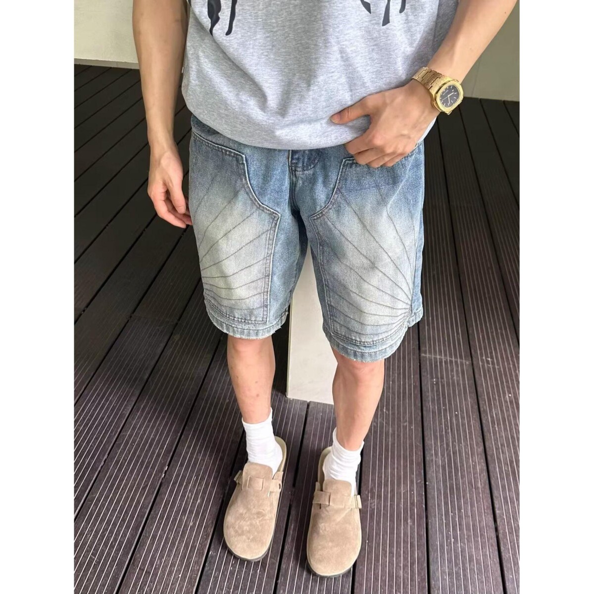 夏季四分牛仔中裤男士美式复古水洗做旧潮流修身小直筒休闲短裤子
