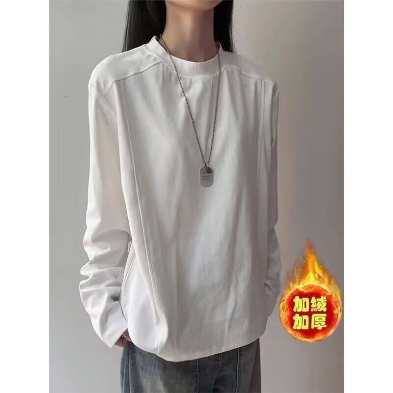 美式加绒白色长袖t恤男秋冬加厚重磅正肩卫衣圆领内搭打底上衣