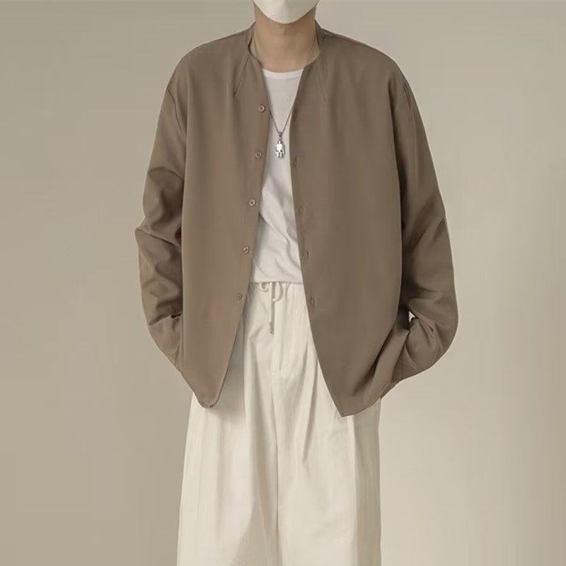 法式高级感纯色衬衫男小众设计感无领长袖上衣慵懒风复古衬衣外套
