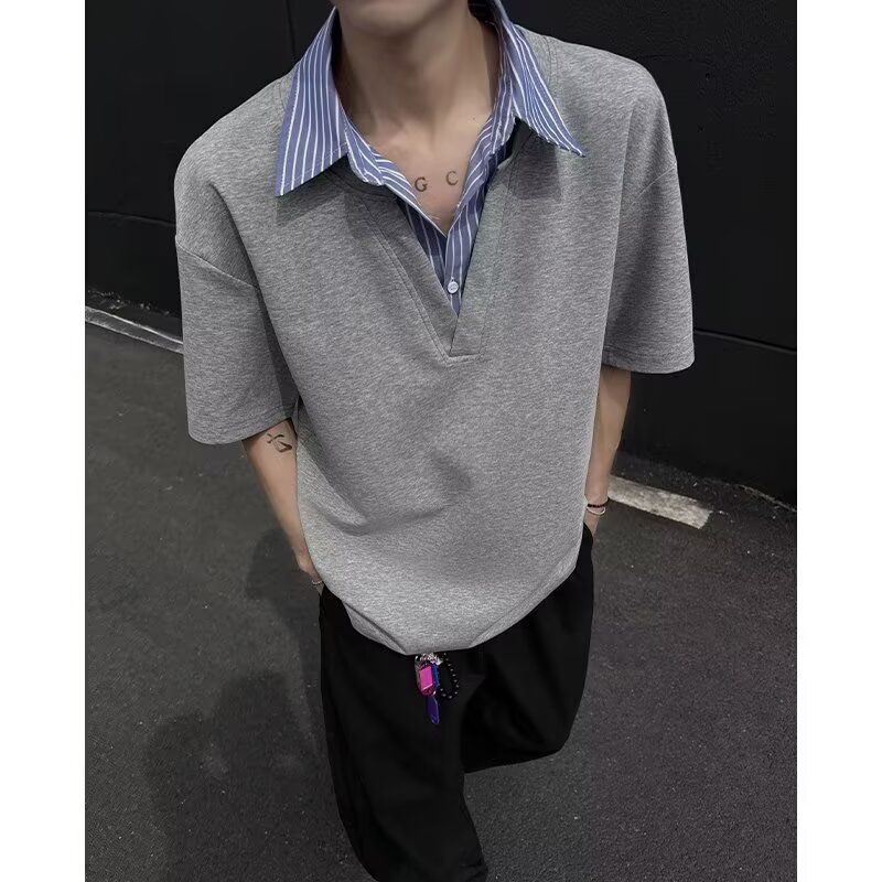 假两件衬衫领短袖T恤男款夏季潮牌高级感polo领痞帅宽松凉感半袖
