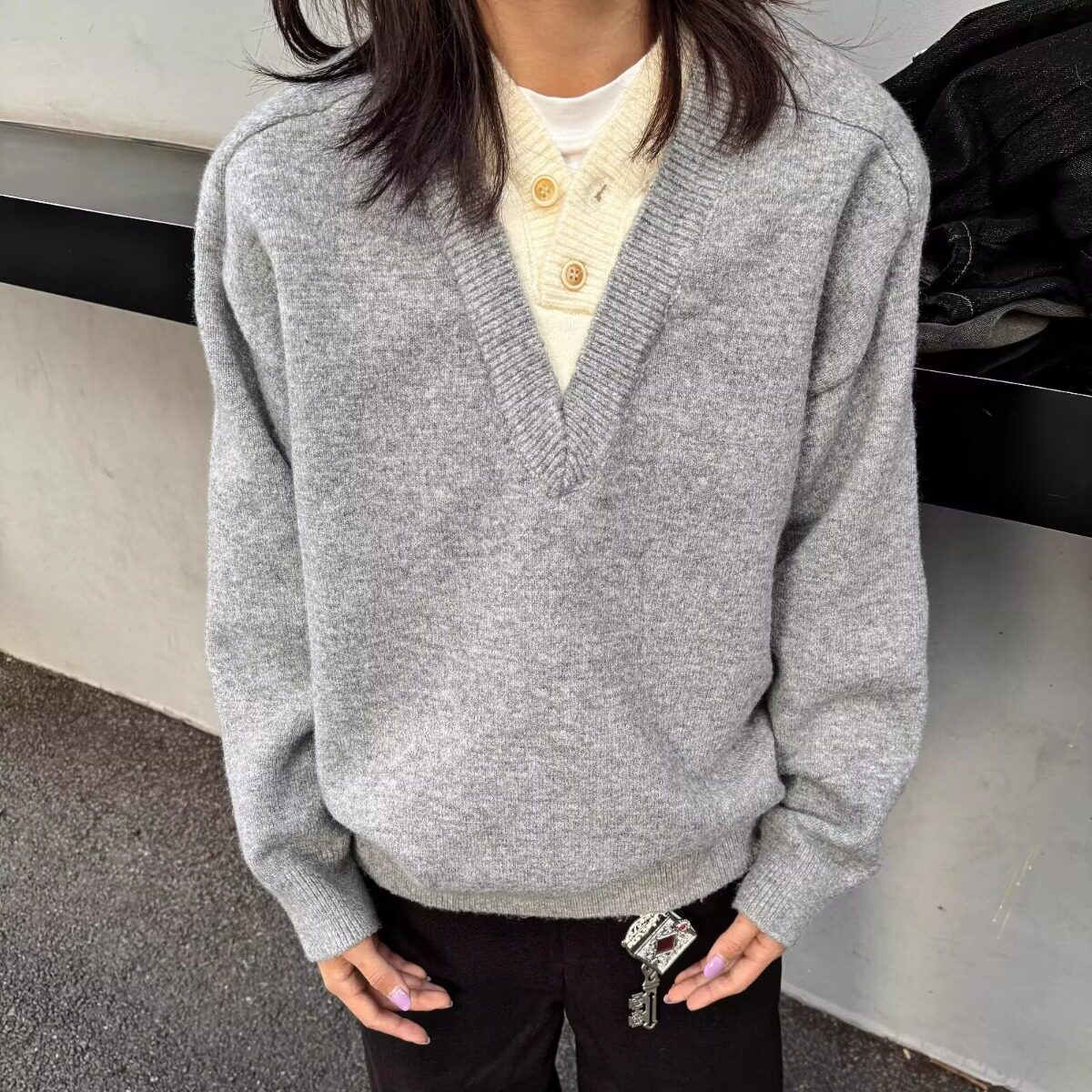 美式复古假两件V领毛衣男秋冬季套头宽松长袖针织衫上衣痞帅外套
