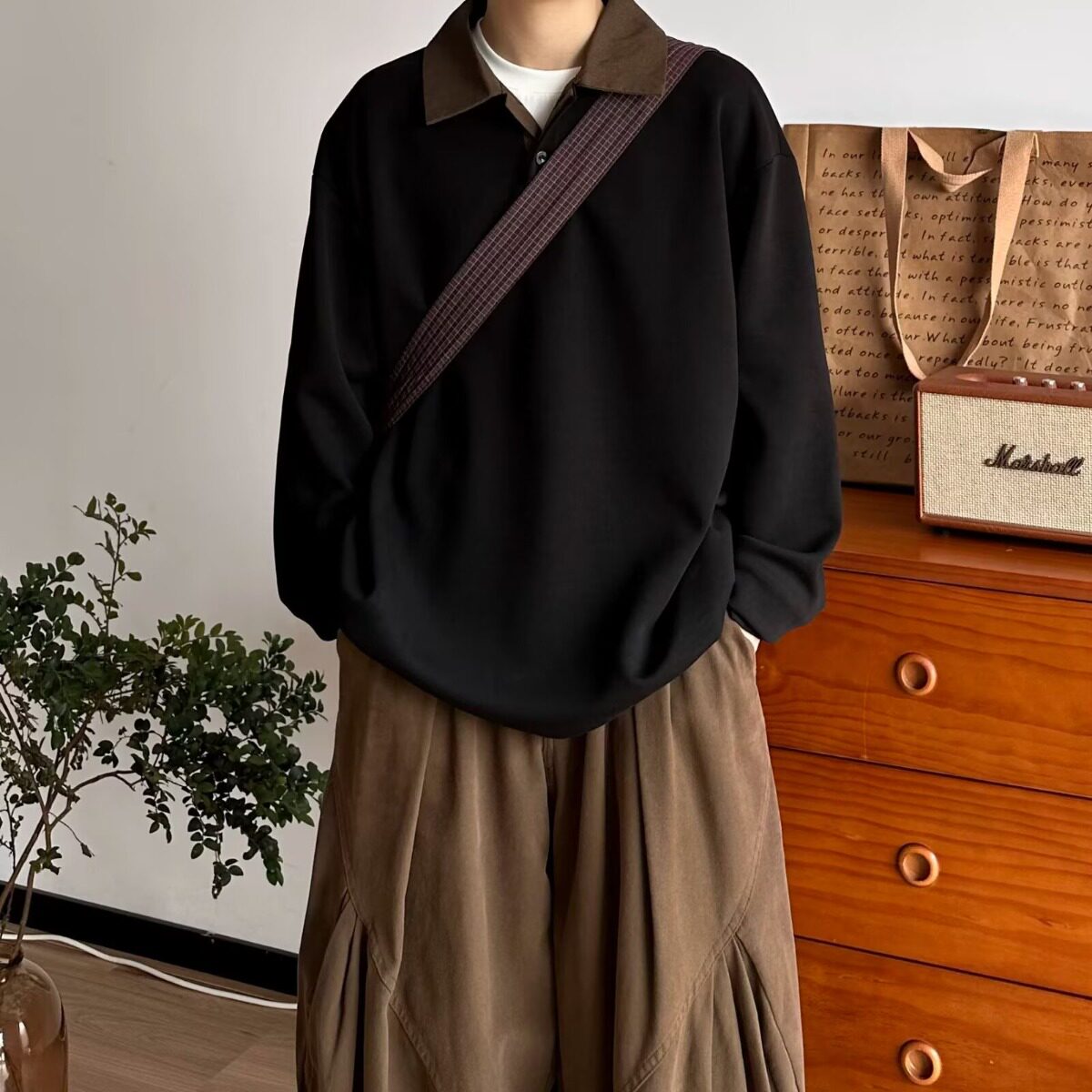 美式翻领黑色假两件毛衣女秋冬2026新款中性风休闲情侣针织上衣潮