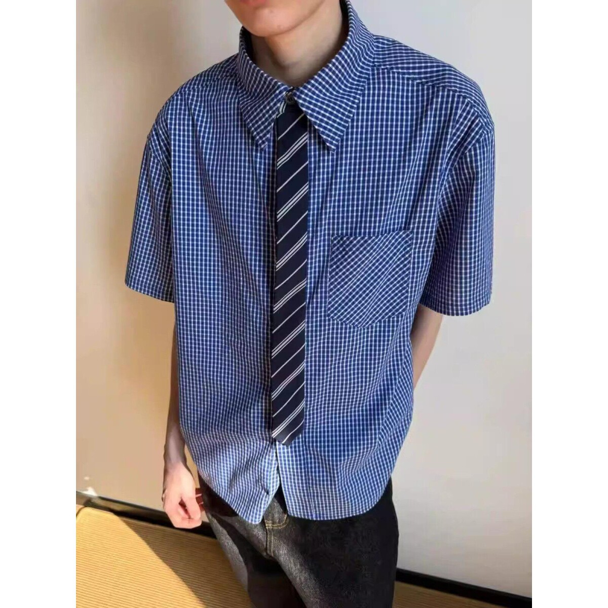 配送领带老钱风蓝色格纹短袖衬衫男女夏季新款休闲宽松千鸟格衬衣