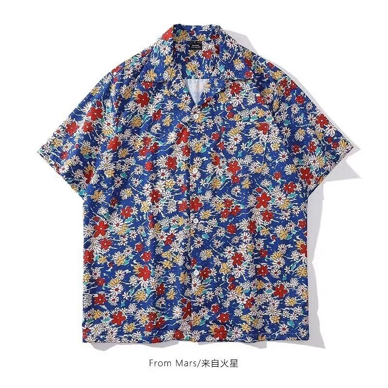 夏威夷衬衫短袖男夏季日系复古休闲原宿港风满印花五分袖衬衣开衫