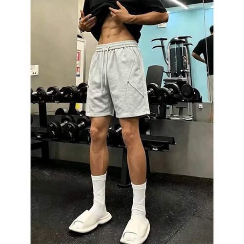 潮牌夏季新款美式重磅洗水做旧刺绣毛圈底短裤男宽松抽绳五分裤子