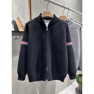 美式撞色条纹立领开衫毛衣男女秋冬季复古高级感双拉链针织衫外套