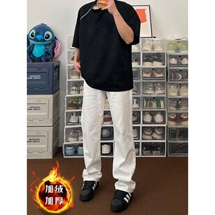 cleanfit白色微喇牛仔裤男修身加绒加厚直筒长裤vibe高街裤子潮牌